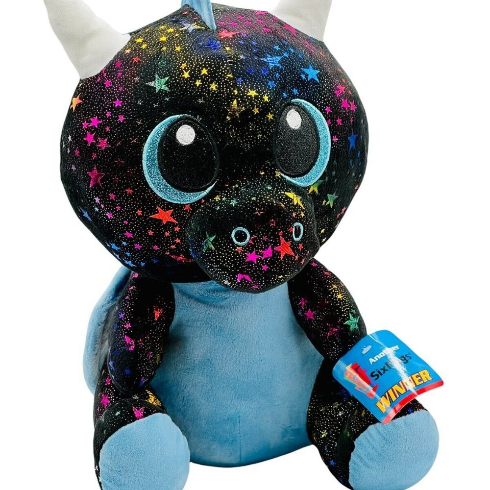 Six Flags Dragon Plush Winged Black Blue Sparkly Stars‎ 14 inch Prize With Tags